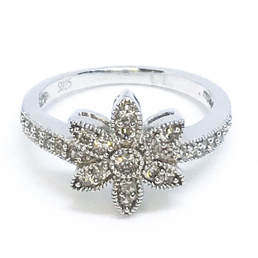 NEW Sterling Silver Floral Ring With Stones